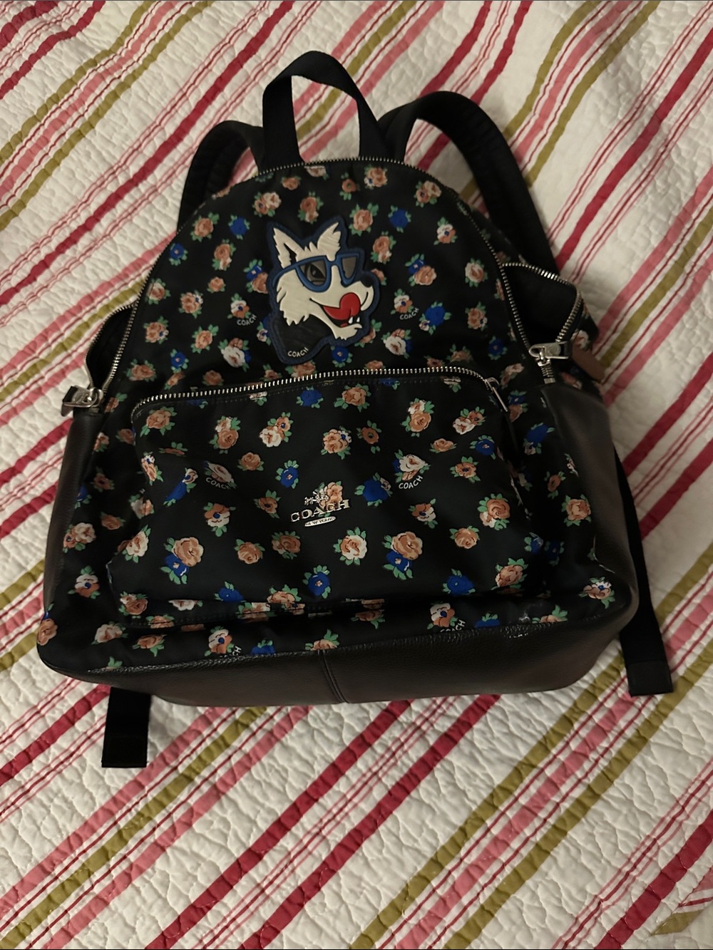 Coach Black Charlie floral Backpack.